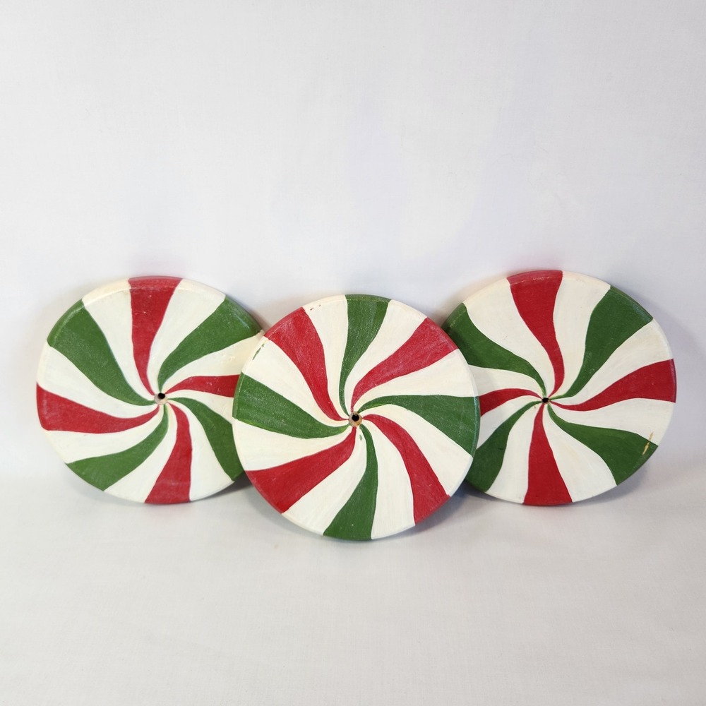 Set of 3‎ Handmade Wooden Peppermint Candy Christmas Decor Handpainted Swirl 6"